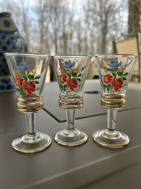 Wedgwood Clear Glass Floral Enamel Gold Trim Cordials - Red, Blue, Green